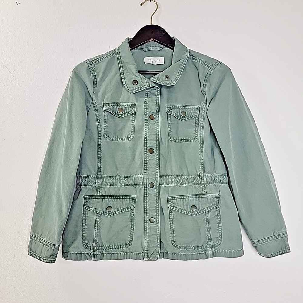 Talbots Women's Petite Small Utility Field Jacket Sage Green Cotton Drawstring